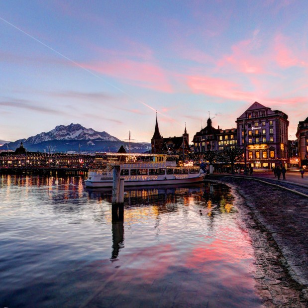 Sunset with Christmas lightning in Luzern